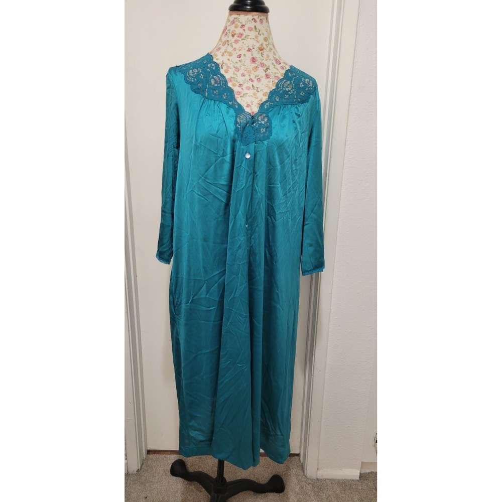 VTG Vanity Fair Women Green Lingerie Button Open Front Nightgown Robe Dress  LG